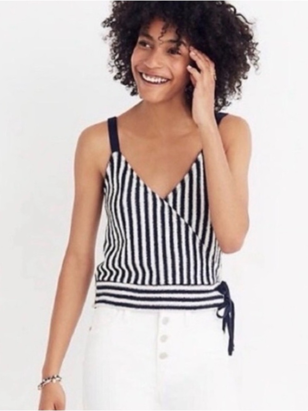 NWT Madewell Navy & White Striped Slightly Cropped Wrap Knit Top